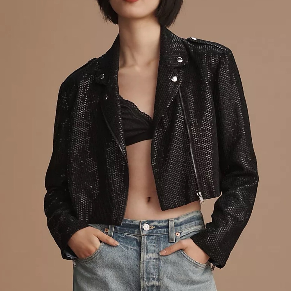 Anthropologie Black Sequin Cropped Moto Jacket size XL